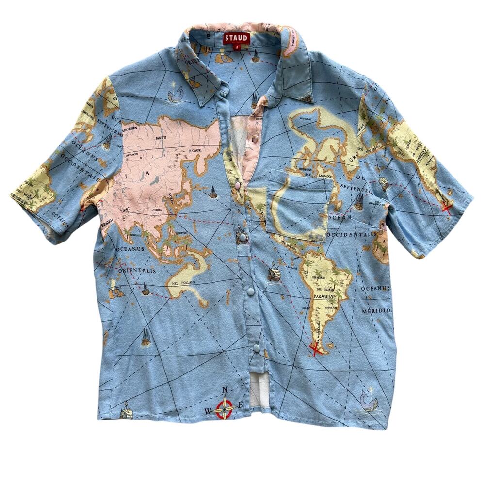 STAUD Sail Printed Crepe De Chine Shirt M Map Blue Travel Globetrotter Sailing